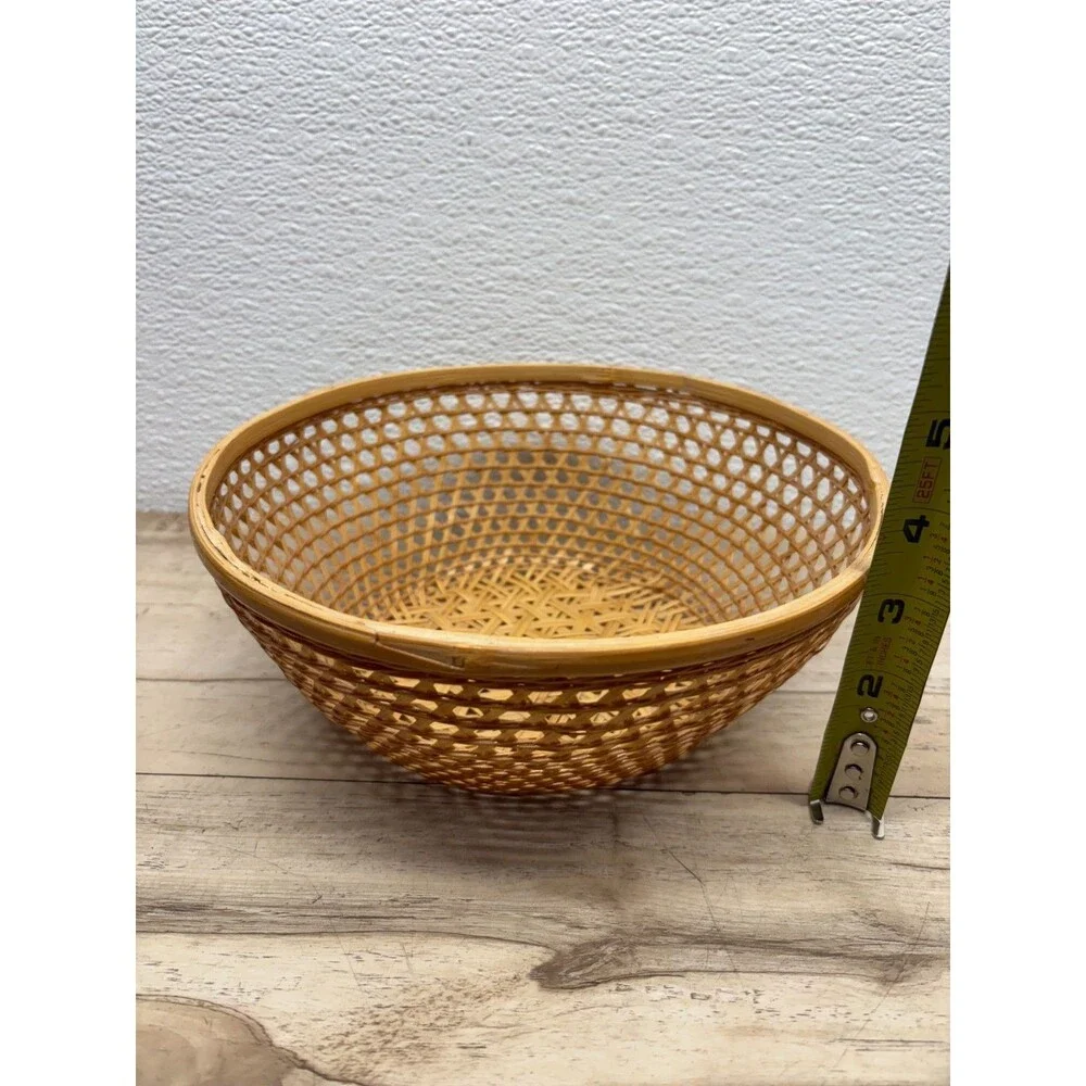 Vtg Handwoven Bamboo Round Wicker Basket 9